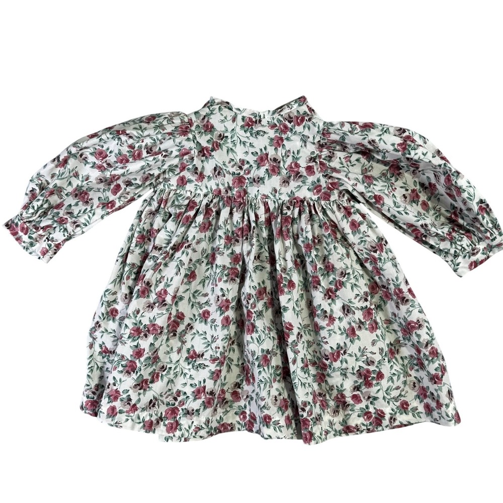 Vintage Handmade Girls Floral Puff Sleeve Dress Pink Burgundy Rose Cottage core